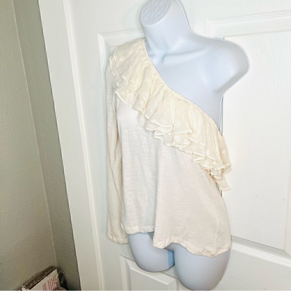 Anthropologie Sheer Polka Dot Ruffle One Shoulder Top Cotton Long Sleeve Cream L - Picture 8 of 11